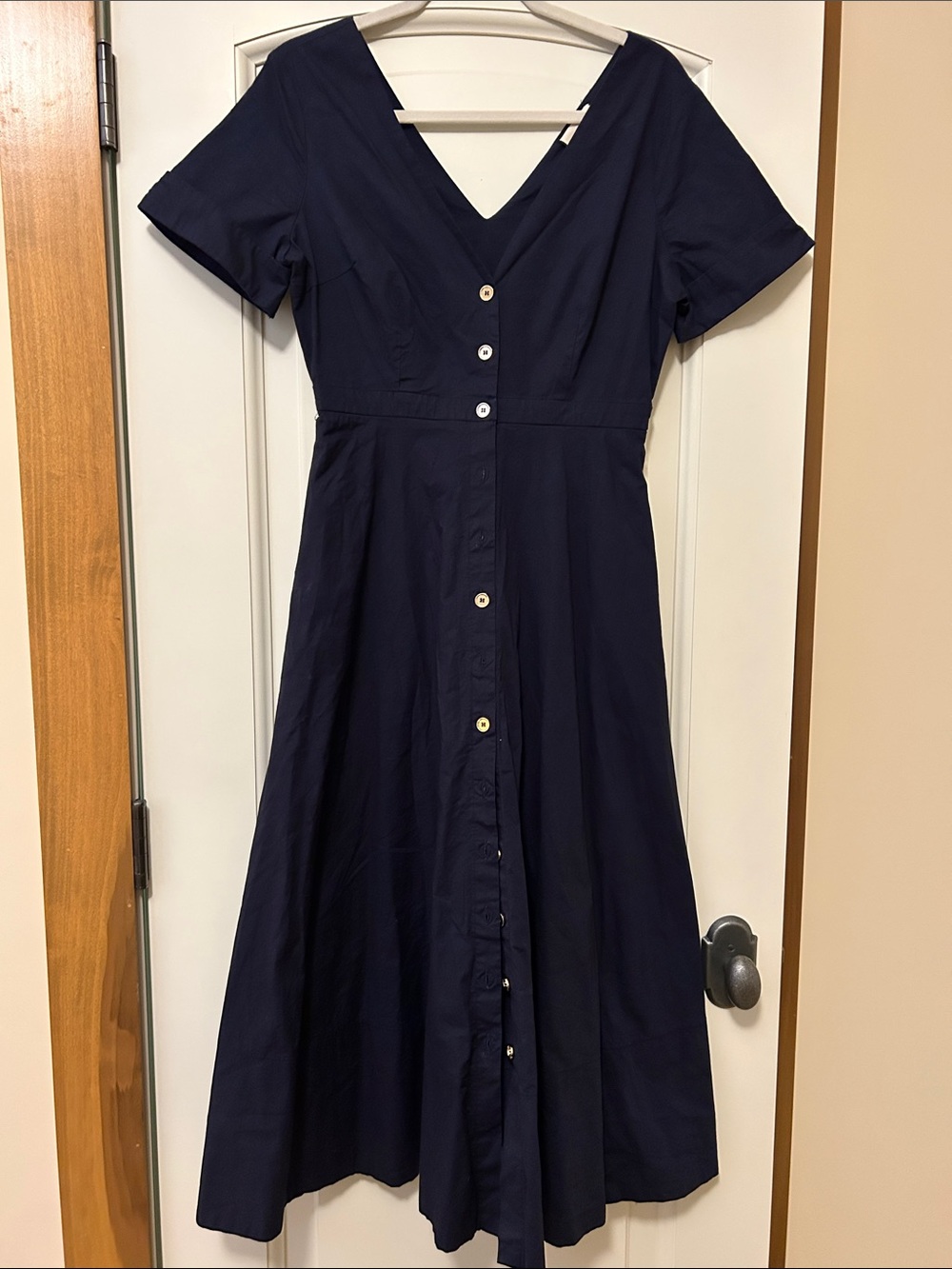 Tuckernuck Navy Button-Front Midi Dress Double V Cinched Waist